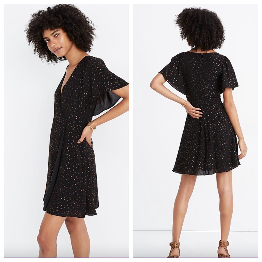 Madewell Cape-Sleeve Faux Wrap Mini Dress in Shimmery Metallic Dots Size 0